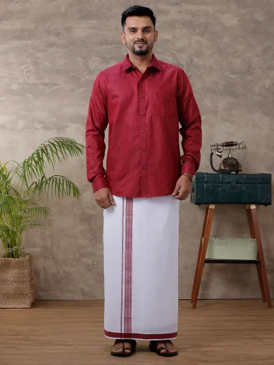 Men Matching Border Dhoti & Shirt Set Maroon C81